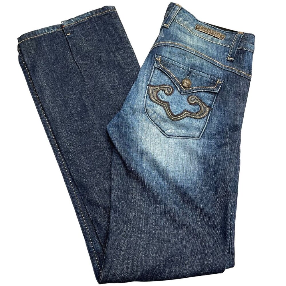 Express ReRock Jean Women 6 Blue Distressed‎ Stitch Pocket Cotton Flap Stretch